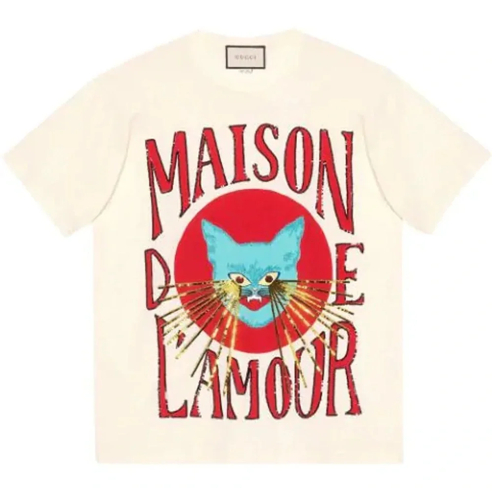 Gucci Cream Graphic Tee with Red & Turquoise Cat Motif